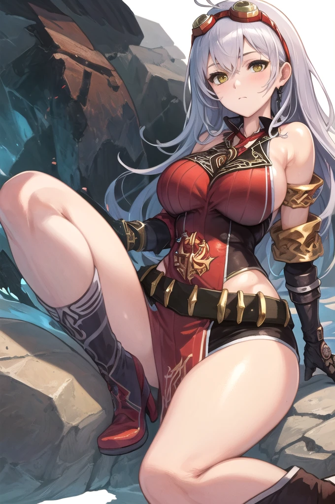 arnice, 1girl, bare_shoulders, belt, boots, breasts, gauntlets, goggles_on_head, long_hair, looking_at_viewer, simple_white_background, std, beautiful, amber colored yellow eyes, nonchalant, calm, portrait chest to head, focus on face, hd, detailed face, close view face only, (masterpiece:1.2), (best quality:1.2)