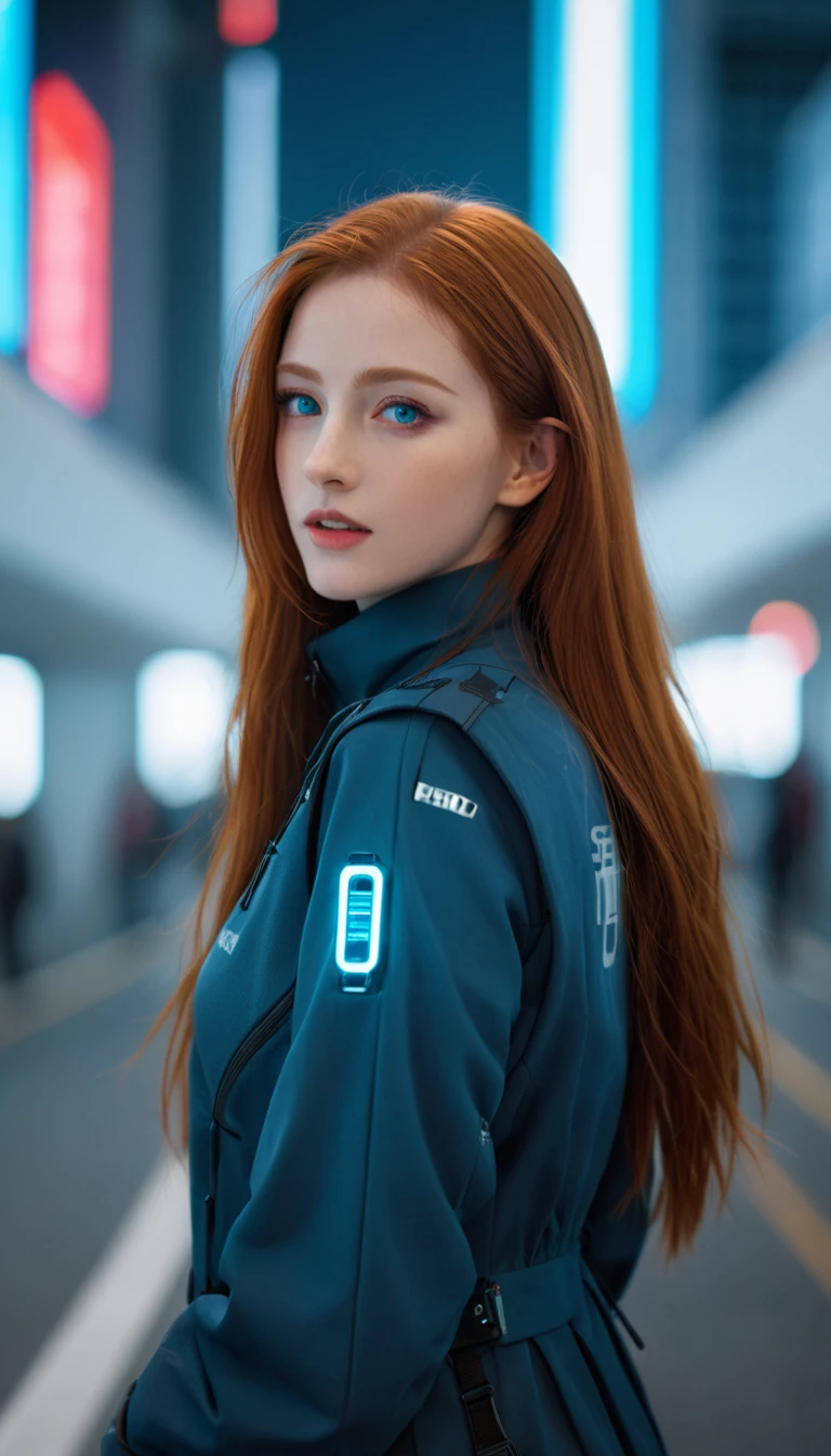 masterpiece , A girl , Very long red hair , blue eyes , slope , Perfect body , ( Technical clothing:1.2) , Cyberpunk , future , Modern , in Cyberpunk city, A faint smile , Delicate face ,, , (8K, Best quality 1.2), Extremely detailed, 8K uhd,, Soft lighting, high quality, Film Grain, Beautiful Lights,, (Movie:1.4) ,Perfect body , Optimal lighting, The best shadow, sharpest, Compared,