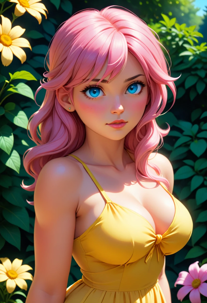 score_9, score_8_up, score_7_up, score_6_up,score_5_up,score_4_up, BREAK lightningfarron,outdoors,dappled sun light,garden,flowers,yellow sundress,big butt,looking at viewer,pink hair,blue eyes 