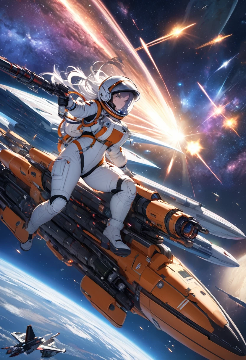 (SF4kArt)、Detailed Description、(Space War:1.2)、(Huge spaceships fighting in space:1.2)、Female Astronauts、Spacesuit、Airtight helmet、cockpit、(A huge spaceship can be seen beyond the canopy:1.2)、milky way、nebula、Laser weapon splash and sparkling、(Highest quality、High resolution、masterpiece)、
