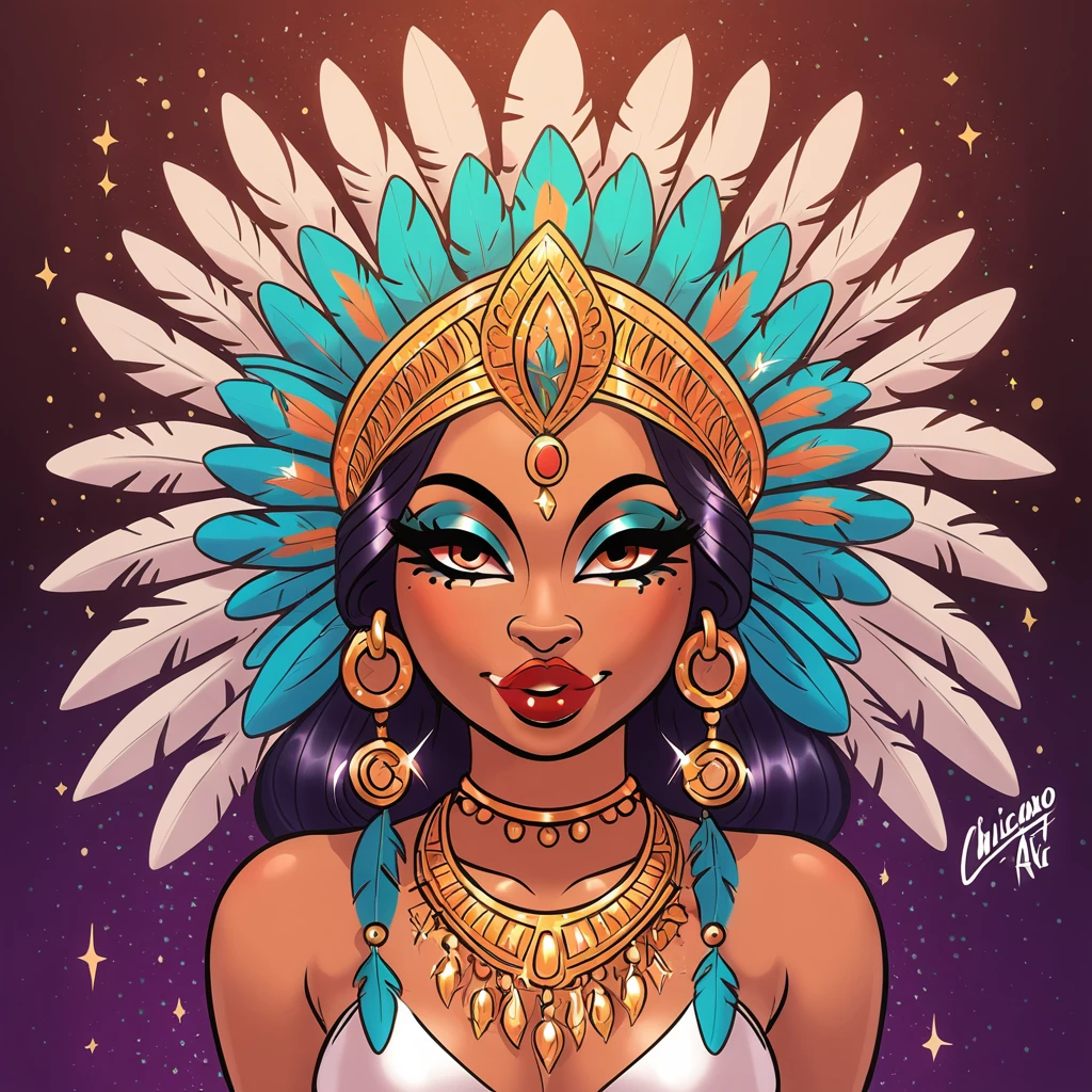 Queen in feathers and sparkles in Chicano art style