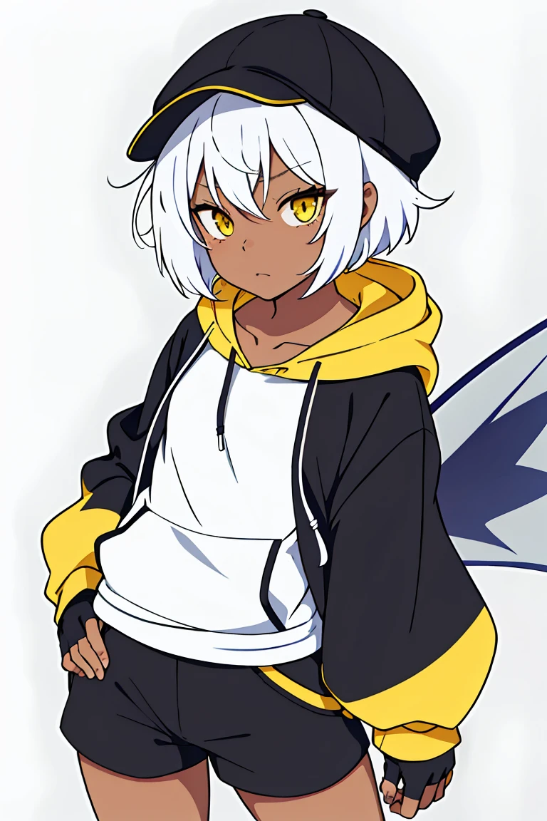 tsunako, 1girl, tomboy, hat, pixie cut, dark skin female, flat chest, shirt, open hoodie, shorts, fingerless gloves, white hair, two tone hair, yellow eyes