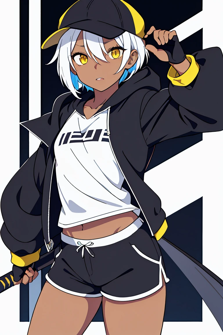 tsunako, 1girl, tomboy, hat, pixie cut, dark skin female, flat chest, shirt, open hoodie, shorts, fingerless gloves, white hair, two tone hair, yellow eyes