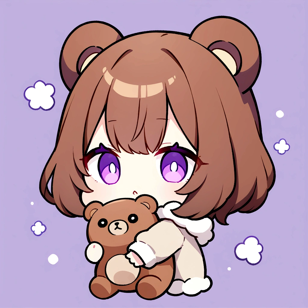 masterpiece, (Highest quality), ((Most detailed)), Bear Food、Brown Hair、Bear Foodを被る、whole body、Chibi Character、２Head to Body、茶色のBear Foodパーカーを被る、Bear Ears、Purple Eyes、Purple solid background、Illustration icon、Brown long hair、Fluffy hoodie、Wave、Bear Food付きブランケット、whole bodyモコモコの服、Holding a stuffed bear、Wearing a brown hoodie with bear ears