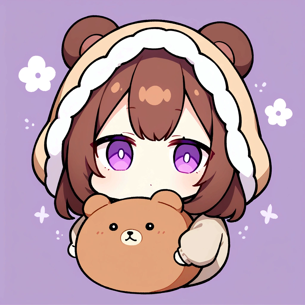 masterpiece, (Highest quality), ((Most detailed)), Bear Food、Brown Hair、Bear Foodを被る、whole body、Chibi Character、２Head to Body、茶色のBear Foodパーカーを被る、Bear Ears、Purple Eyes、Purple solid background、Illustration icon、Brown long hair、Fluffy hoodie、Wave、Bear Food付きブランケット、whole bodyモコモコの服、Holding a stuffed bear、Wearing a brown hoodie with bear ears