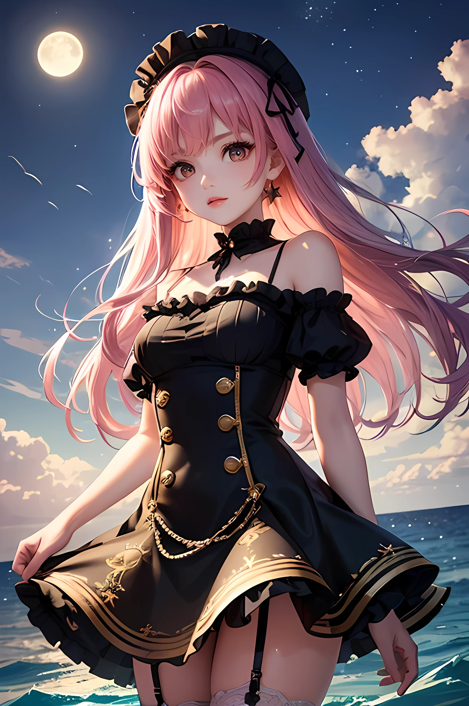 (Highest quality、Highest quality、Masterpiece、Very delicate、Very detailed、Exquisite、16K、Full HD)、1 female、(Navy blue shiny gothic ta mini skirt dress、Décolleté dress、Golden embroidery、Silver embroidery、Frill mini skirt dress、Skirt in the wind、White frills、garter belt)、Perfect body line、Glowing Skin、(Groomed eyebrows、Pink Lips、Red eyeysterious Face)、(Pink Hair、Medium Hair、Shoulder-length hair、Shiny Hair)、Dramatic lighting、(star、moon、water、star空、Ocean)