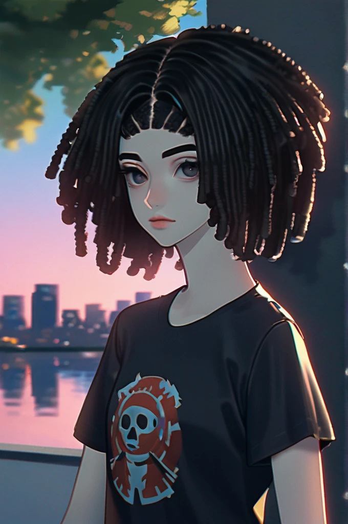 ((Лучшее качество)), ((шедевр)), (подробный), girl, long bright green dreadlocks, thin black eyebrows, round black glasses, pink lips, thin neck, medium chest, thin waist, elastic hips, slender, short skirt, tight t-shirt, rocker style, (rocker style:1,9), portrait, background city park