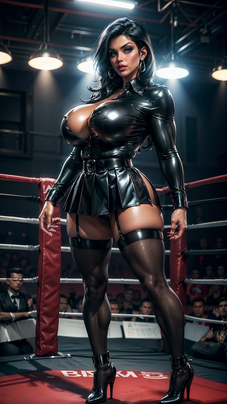 (masterpiece, Top quality, best quality, official art, beautiful and aesthetic: 1.2), ((curvy thicc mature Denise Milani:1.3)), ((black leather long-sleeved formal army shirt, buttoned up:1.5)), ((tiny black leather pleated miniskirt:1.5)), ((nylon stockings:1.4)), ((short, straight jet-black hair:1.4)), ((firm round breasts:1.3)), (tiny waist), ((thicc, thick thighs:1.5)), ((beautiful large green eyes):1.3), (intimidating pose in a boxing ring), (vivid colors), (metallic textures), (hot red lips, makeup:1.3), sexy fighter, prominent breasts, rock solid breasts, missile shaped breasts that defy gravity, (full body portrait:1.3), (straight, short jet-black hair), crowded boxing arena background, ((sexy nylon stockings)), perfectly round breasts, big_boltedontits, boltedontits, sakimichan, th3p1t,