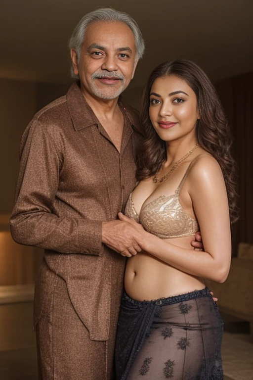 Day scene,kajal and Oldman, Indian black old man, couple pose, a Oldman and kajal in under the water fall, black lace bra and saree, detailed old man, old man gripping kajal waist,big cheeks, curvy, Hollywood lips, wet navel, deep cleavage, necklace, erotic face, 36 yo, ponytail, look at viewer and smile, (cinematic:1.3), intricate details, (ArtStation:1.2),Oldman and beautiful girl posing to viewers, detailed Oldman, old man waist gripping, romantic pose,