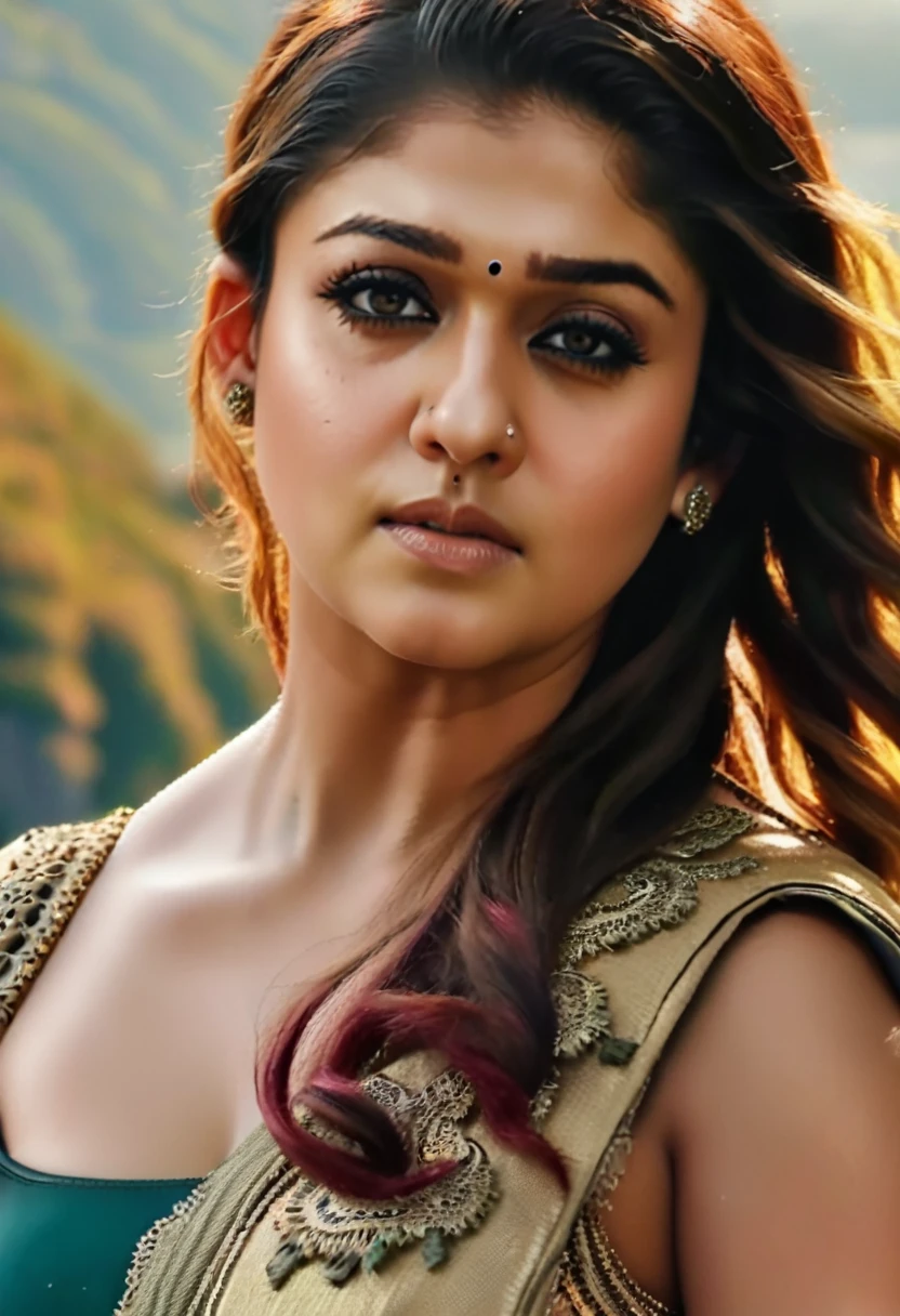 Nayanthara (naked) (best quality,4k,8k,highres,masterpiece:1.2),ultra-detailed,(realistic,photorealistic,photo-realistic:1.37),highly detailed and intricate digital art, hyperrealistic, octane render, 8k, cinematic lighting, dramatic composition, vibrant colors, stunning details, elegant, ethereal, magical, fantasy landscape, lush foliage, serene lake, towering mountains, dramatic sky with clouds, golden hour lighting, volumetric fog