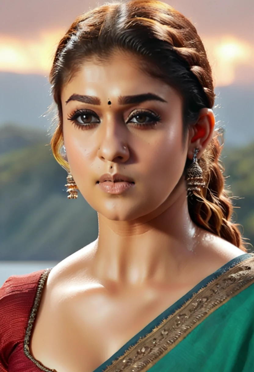 Nayanthara (naked) (best quality,4k,8k,highres,masterpiece:1.2),ultra-detailed,(realistic,photorealistic,photo-realistic:1.37),highly detailed and intricate digital art, hyperrealistic, octane render, 8k, cinematic lighting, dramatic composition, vibrant colors, stunning details, elegant, ethereal, magical, fantasy landscape, lush foliage, serene lake, towering mountains, dramatic sky with clouds, golden hour lighting, volumetric fog