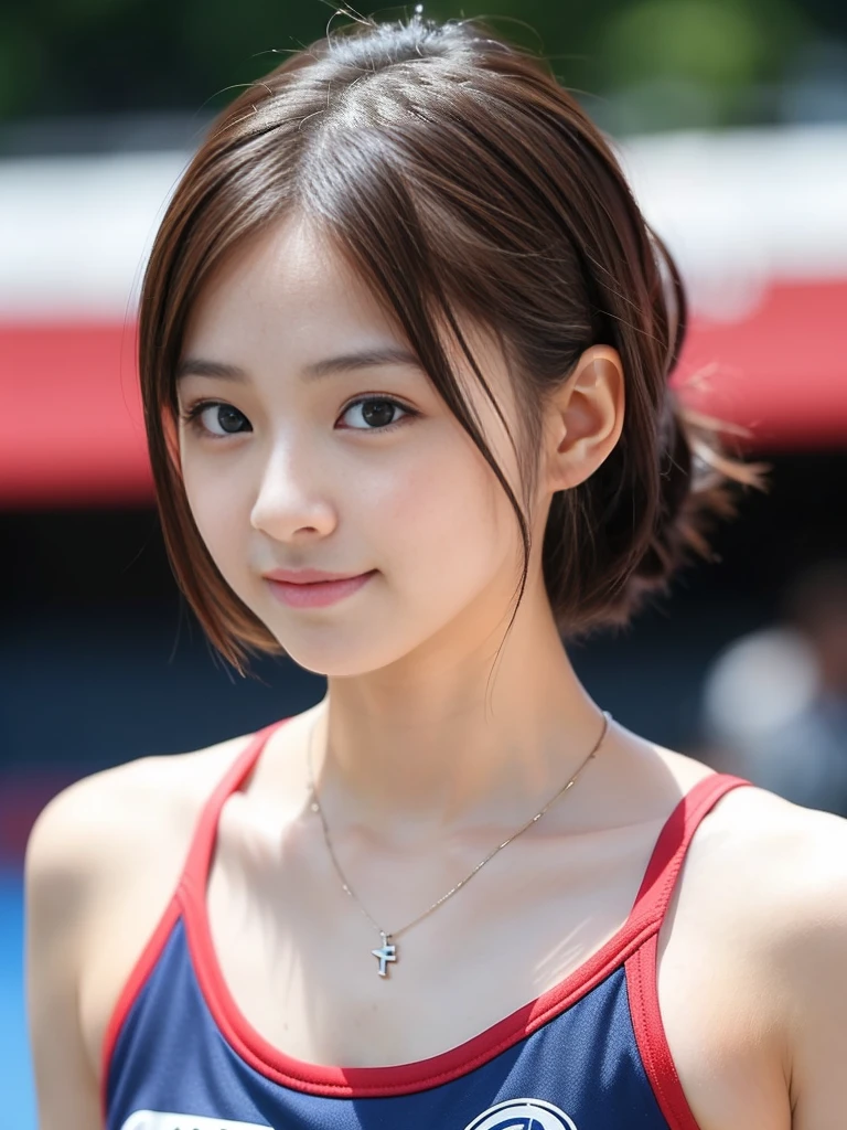 (Best-quality, Masterpiece, Ultra-High-Resolution, (Photorealistic:1.4), Raw Photo,  depth of field, professional lighting, perfect anatomy, extremely details), 1girl, **-*****-***, the most famous Japanese idol, standing on athletic-stadium, looking at viewer, innocent smile, ((wearing track and field sleeveless-uniform)), ((extremely cute face like the most popular Japanese idol, ((extremely cute big-eyes)), extremely cute short-cut-hair)), (((extremely beautiful and extremely realistic skins)))