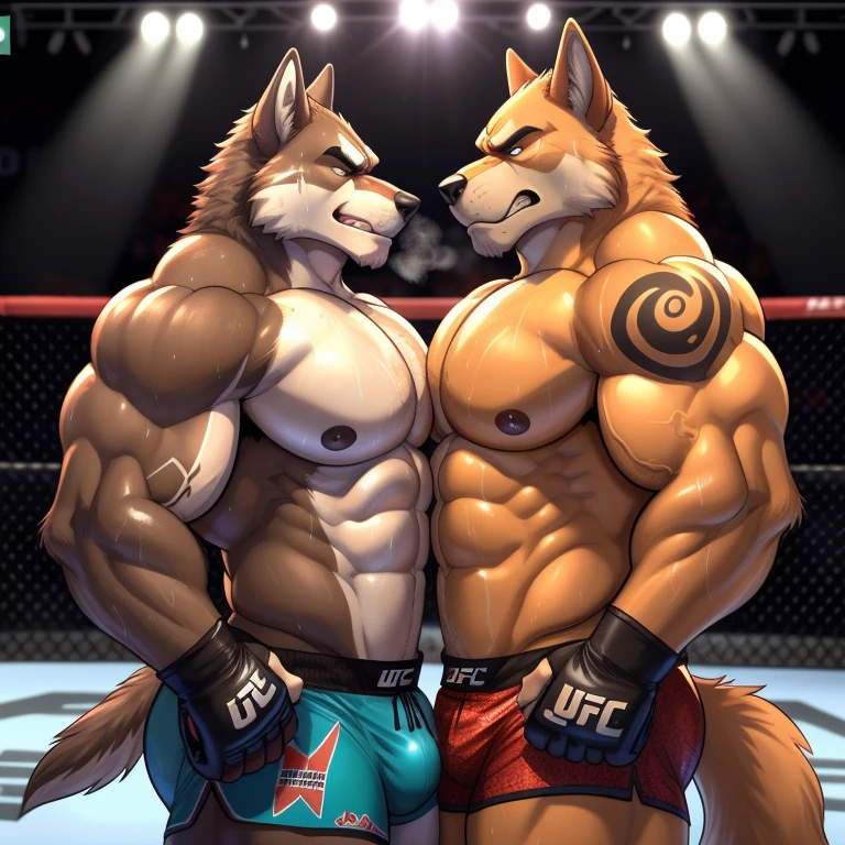 Duo male(Brown Wolf vs Brown Wolf, handsomes, Thick eyebrows), gay(cuddling body embraced, hot abs frottage, face to face, on a UFC match), hot(Shirtless), handsomes(They are handsomes, correct anatomy), musculosos(Big muscle bodies, Six packs, muscle abs, big pecs, muscle backs, muscle legs), sweaty(very sweaty wet bodies, shiny sweat), tatuajes(they have tattoos), Grumpy(Both have an grumpy expression, growling, grumpy teeths, steaming breath), UFC gloves(They both are wearing red UFC gloves), UFC boxers(They both are wearing boxers), Hight resolution, by(Zourik:1.1)