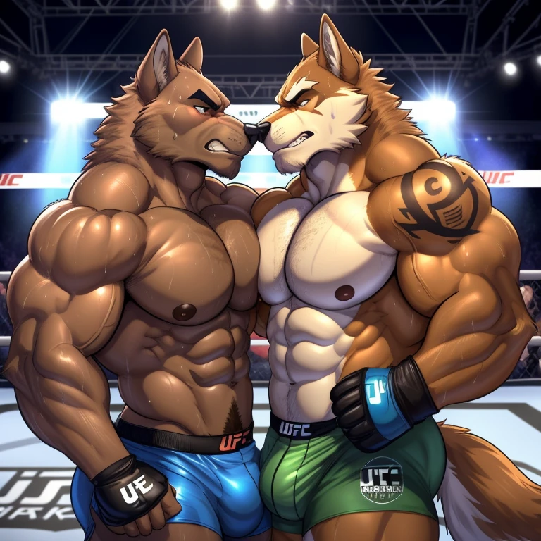 Duo male(Brown Wolf vs Brown Wolf, handsomes, Thick eyebrows), gay(cuddling body embraced, hot abs frottage, face to face, on a UFC match), hot(Shirtless), handsomes(They are handsomes, correct anatomy), musculosos(Big muscle bodies, Six packs, muscle abs, big pecs, muscle backs, muscle legs), sweaty(very sweaty wet bodies, shiny sweat), tatuajes(they have tattoos), Grumpy(Both have an grumpy expression, growling, grumpy teeths, steaming breath), UFC gloves(They both are wearing red UFC gloves), UFC boxers(They both are wearing boxers), Hight resolution, by(Zourik:1.1) 