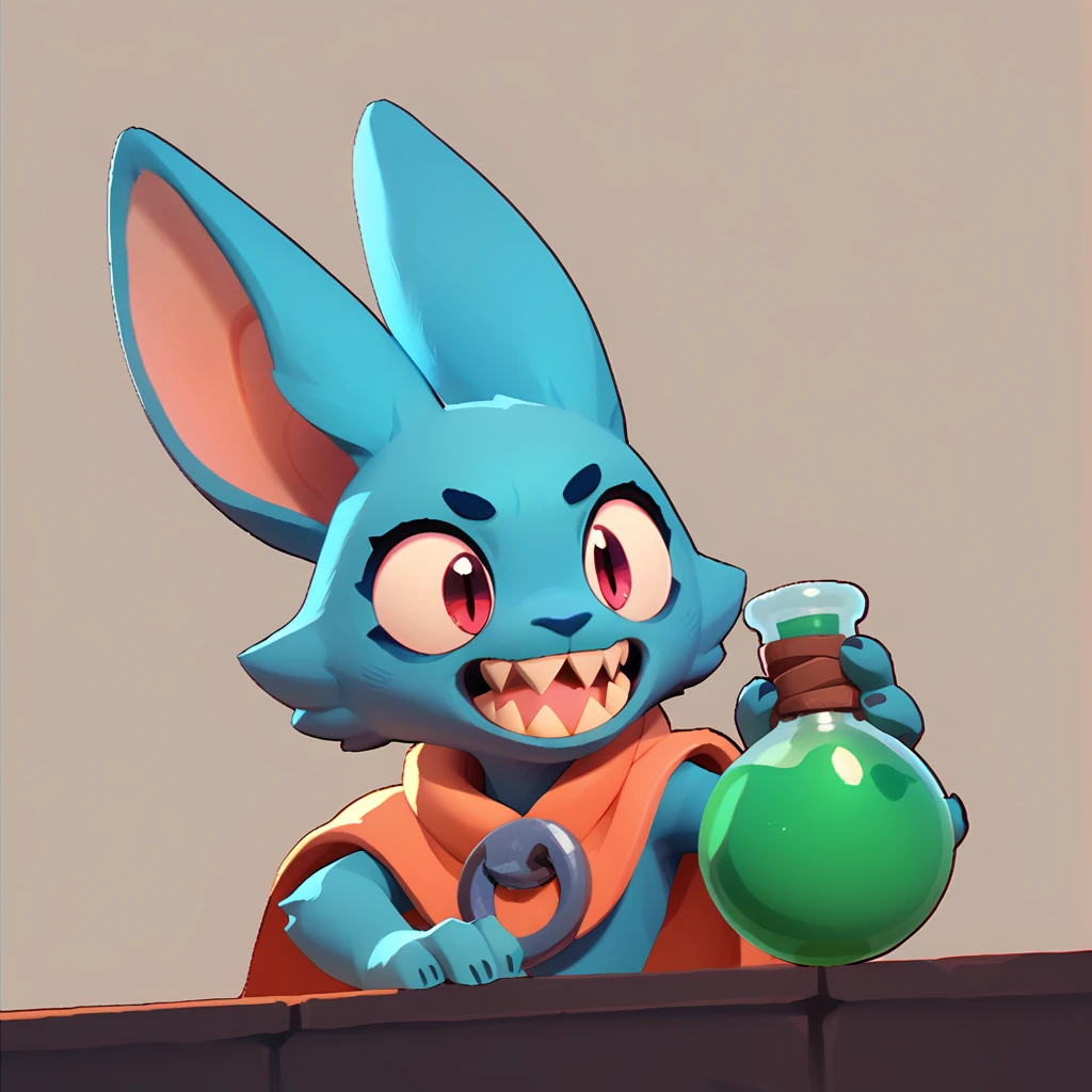 a small spherical monster, with light turquoise blue fur, long ears, sharp teeth, who smiles, holding a green potion in his hand