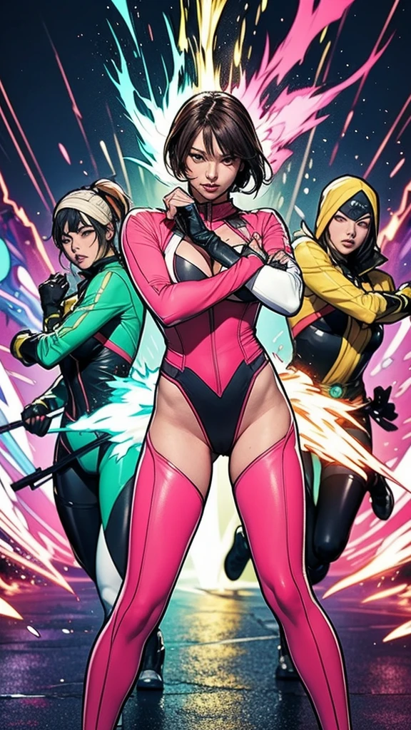 Solo, A brave and courageous image of a 6 member ranger team, Each one is decorated in vibrant colors such as:: ((Pink)), red is front of center, violet, Green, yellow, blue black, white,. Dynamic poses in a background that exudes energy and courage, neon, fire, plasma, Fluorescent, shocking, pink big bomber, splashing pink, running, fighting pose, action pose, Embodying the essence of the classic Sentai superhero team. Each Ranger:: The attire is sophisticated and modern, Each color has elements that reflect its theme., Ready for action. ((Camel Toe)), weapons, in sunset background , in cinematic lighting, cover art mixed cinema poster style,