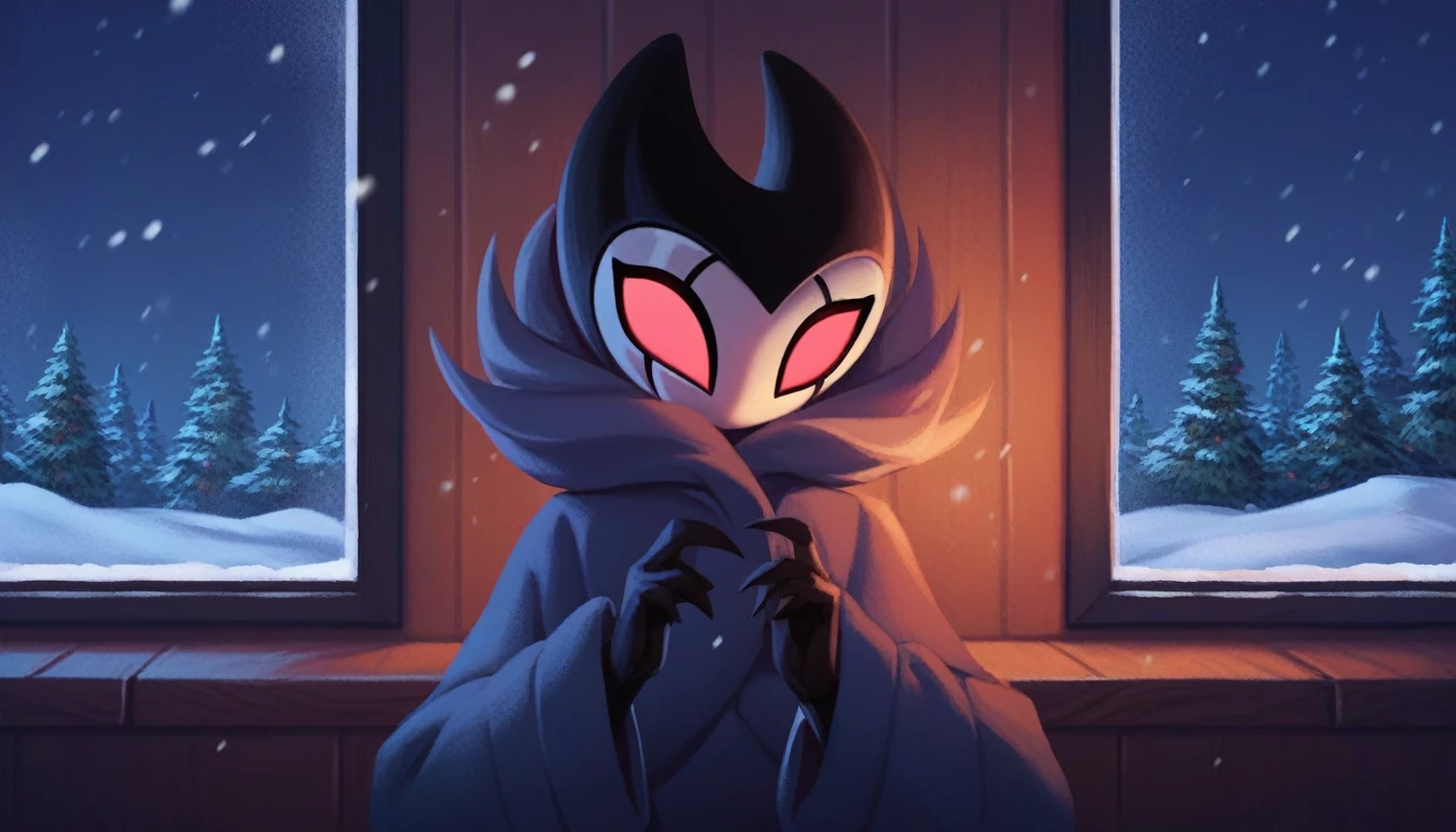 score_9, score_8_up, score_7_up, score_6_up, zPDXL2, grimm \(hollow knight\), vampire, bat, 1boy, solo, cute face, detailed eyes, landscape, near a window, snow falling outside, living room, at night, near the fireplace, winter coat, femboy, (solo portrait), (front view),