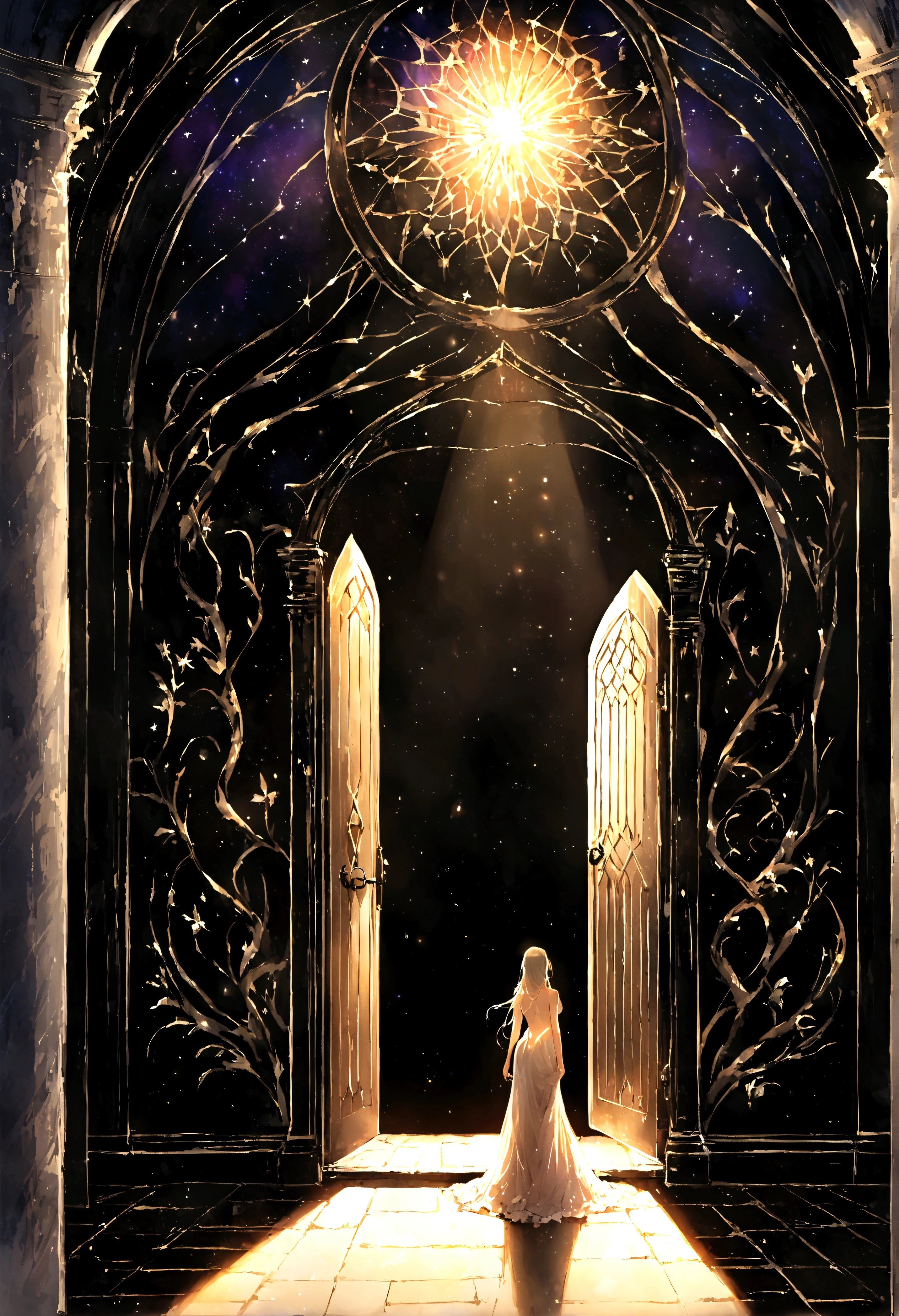 Passing by,Broken door frame,Push open the door,(Starlight Gate,Color of the universe)The sunlight shines into the dark room through the door