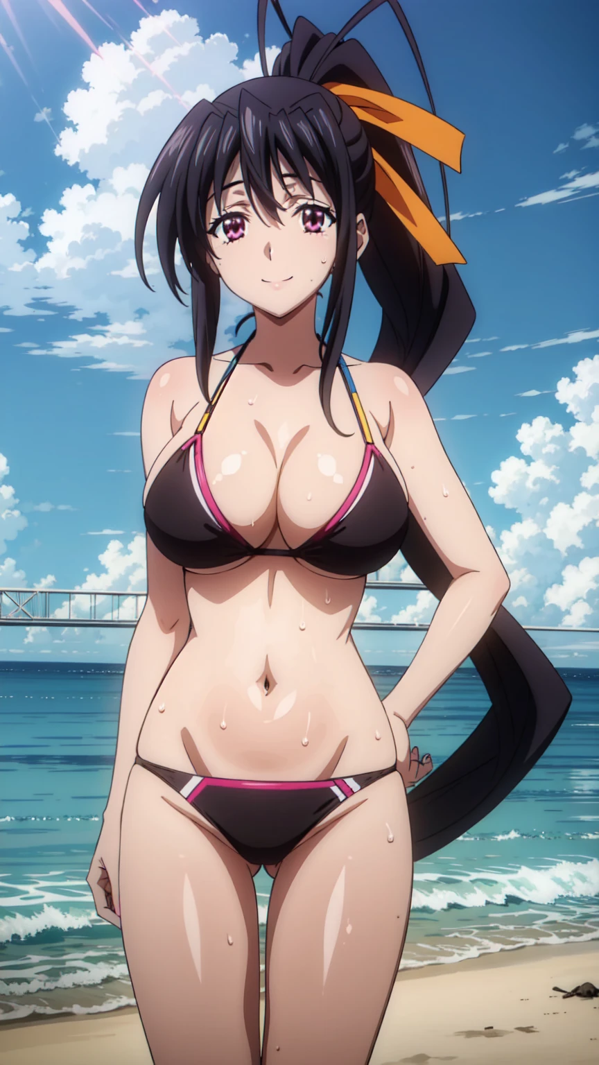 eft_dxd_akeno, 1girl, himejima akeno, solo, long hair, black hair, hair ribbon, purple eyes, ponytail, very long hair, Smiling, looking at the viewer, blue theme, blue background, cloudy sky, sunlight, sweat, orgasmic, bikini swimsuit, large breasts, cleavage, belly button exposed, collarbone, thighs, sea and beach,