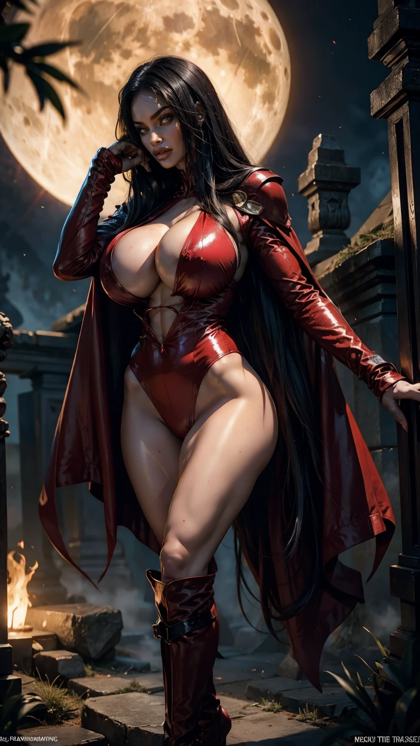 Megan fox as Vampirella, (wearing a red vampirella outfit:1.25), (muscular physique, pale skin, red glowing eyes:1.25), walking down a cemetery on a moonlit night, full moon, dark gothic atmosphere, thin legs, Realistic, Very detailed face and eyes, (masterpiece:1.1), (best quality:1.1), (big fake tits:1.45), (beautiful girl face:1.25)