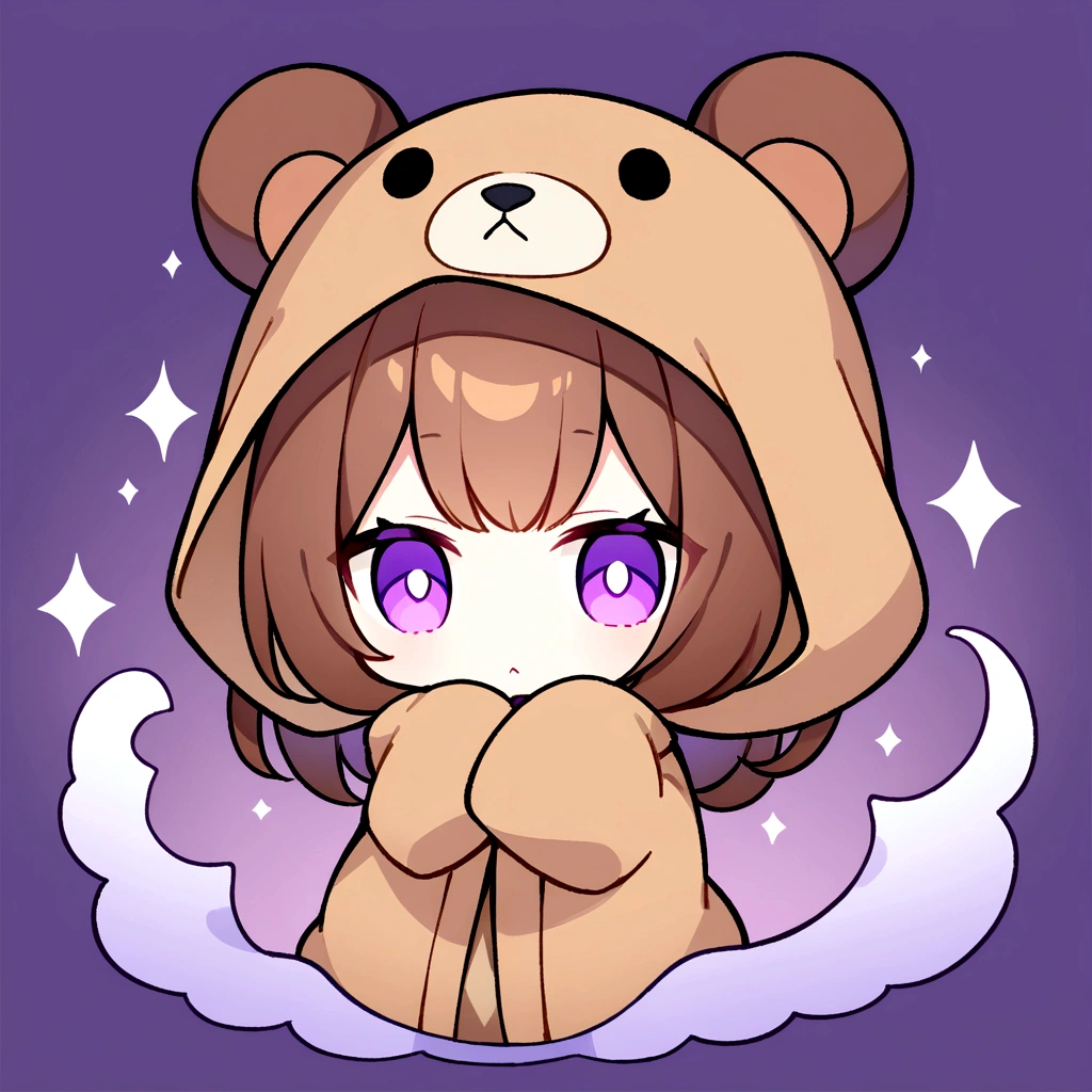 masterpiece, (Highest quality), ((Most detailed)), Brown bear hood、Brown Hair、Wearing a bear hood、whole body、Chibi Character、２Head to Body、Brown bear hoodパーカーを被る、Bear Ears、Purple Eyes、Purple solid background、Illustration icon、Brown long hair、Brown fluffy hoodie、Wave、Bear hooded blanket、whole bodyモコモコの服、Holding a stuffed bear、Wearing a brown hoodie with bear ears