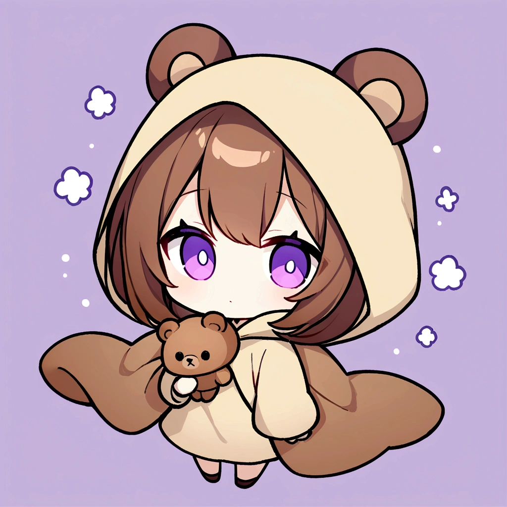 masterpiece, (Highest quality), ((Most detailed)), Brown bear hood、Brown Hair、Wearing a bear hood、whole body、Chibi Character、２Head to Body、Brown bear hoodパーカーを被る、Bear Ears、Purple Eyes、Purple solid background、Illustration icon、Brown long hair、Brown fluffy hoodie、Wave、Bear hooded blanket、whole bodyモコモコの服、Holding a stuffed bear、Wearing a brown hoodie with bear ears