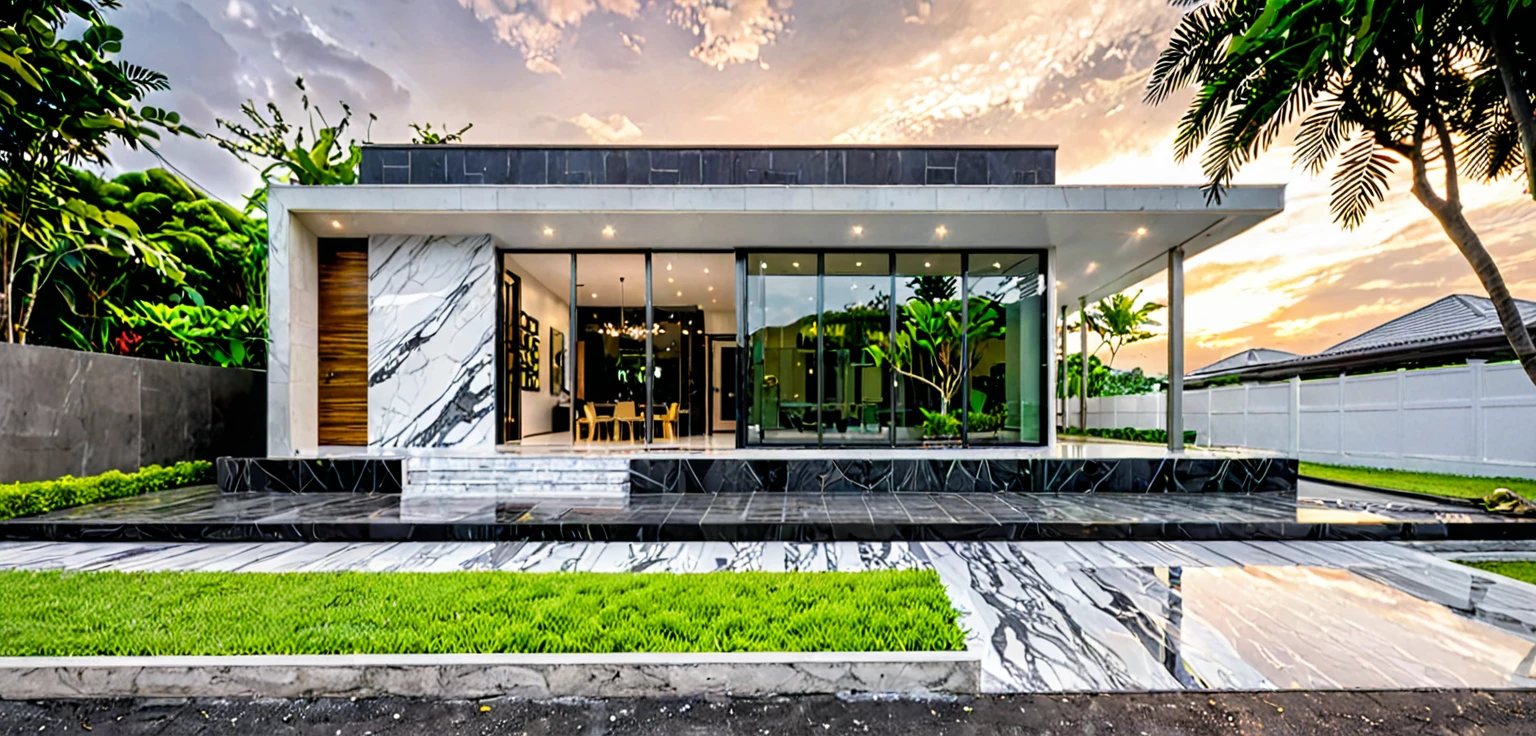 masterpiece, best quality, exterior design, (sunset), single 1 storie modern house on the Vietnam village, marble, steel, modern dark tiled granite and white walls facade, wooden ceiling, large glass, minimalist modern style, green shrubs and tropical tree background, large door and windows.
