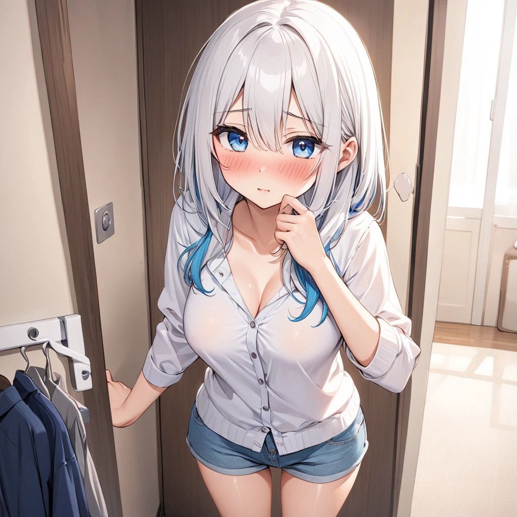 NSFW, white hair, blue eyes, medium straight hair, medium bust, solo, changing clothes, selfie, full body, blushing, shy, underwear, casual clothes