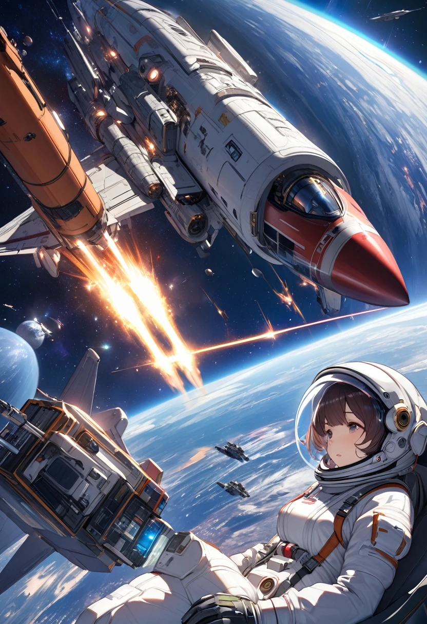 (SF4kArt)、Detailed Description、(Space War:1.2)、(Huge spaceships fighting in space:1.2)、Female Astronauts、Spacesuit、Airtight helmet、cockpit、(A huge spaceship can be seen beyond the canopy:1.2)、milky way、nebula、Laser weapon splash and sparkling、(Highest quality、High resolution、masterpiece)、
