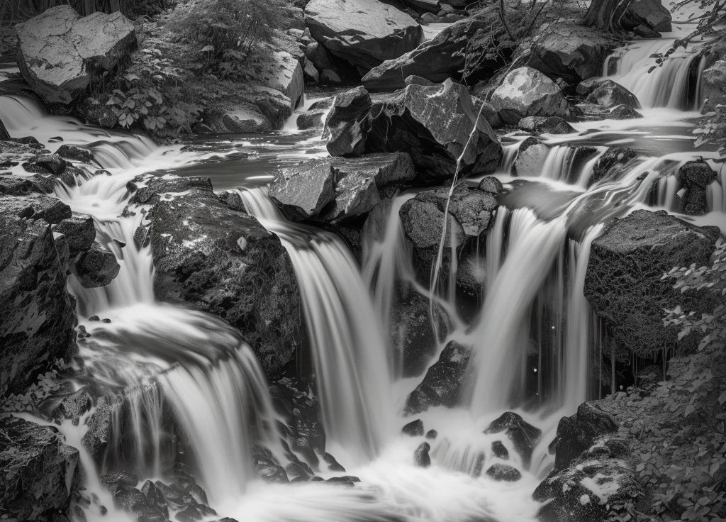 Black and white photo of a waterfall in the forest, Streams and rocks, flow water, flow, Water Flow, water flow, Small waterfalls, water Cascade, Cascade, chriss foss, Small waterfall, Intricate water, 湍急的Water Flow, Rippling Stream, Monochrome black and white, flow性, flow forms, Clothed in water and spine