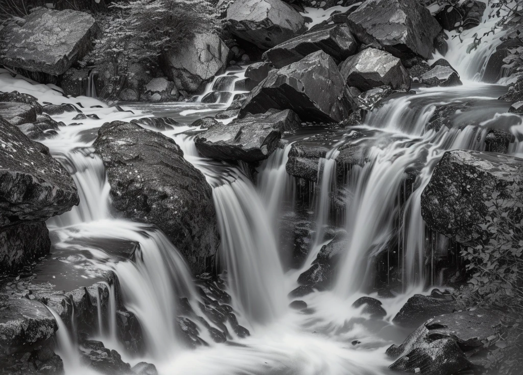 Black and white photo of a waterfall in the forest, Streams and rocks, flow water, flow, Water Flow, water flow, Small waterfalls, water Cascade, Cascade, chriss foss, Small waterfall, Intricate water, 湍急的Water Flow, Rippling Stream, Monochrome black and white, flow性, flow forms, Clothed in water and spine