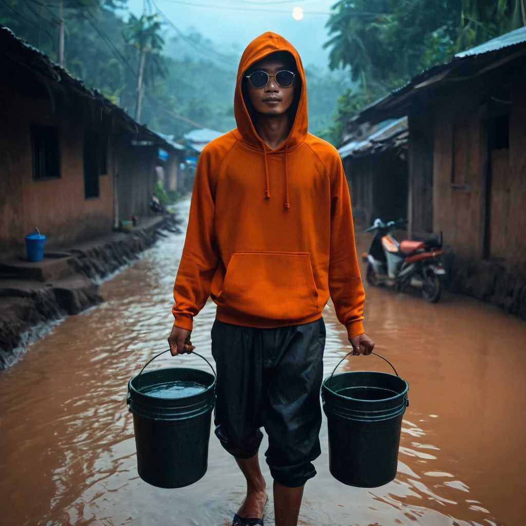 a man with a native Indonesian face, 25 years old, oval face, short side parted hair style, very thin body, sun glasses, wearing an orange hoodie, wearing black trousers, wearing black flip flops, appears to be carrying two buckets black color containing clean water, atmosphere in the village, at night 