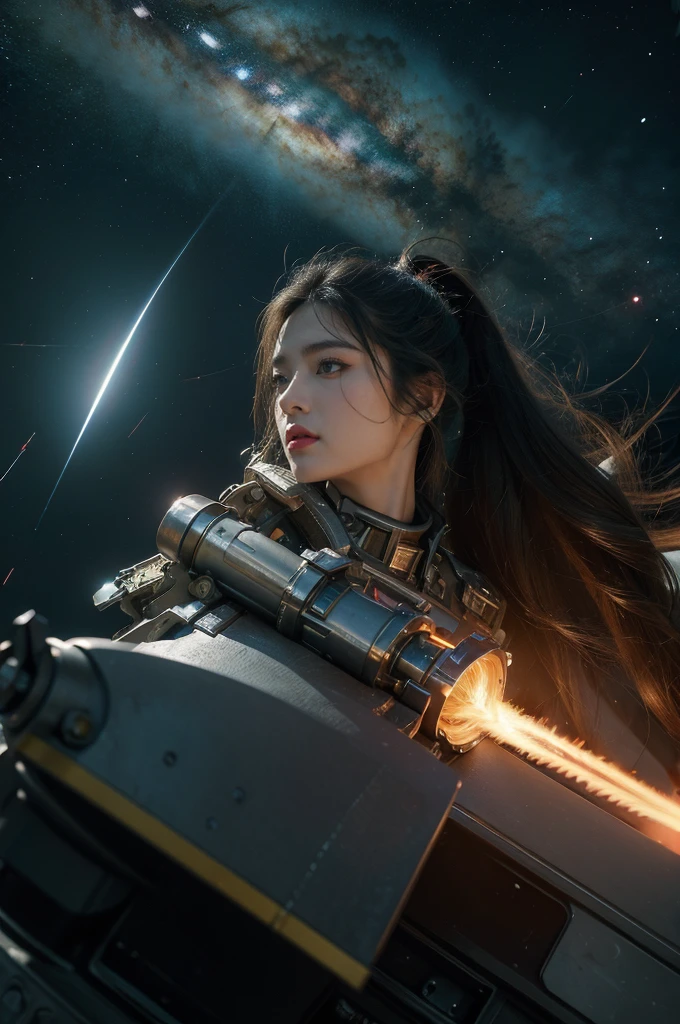 (((best quality))),(((ultra detailed))),(((masterpiece))),illustration,space battle,futuristic spacecrafts,sleek design,powerful cannon,determined pilots,battered ship,erratic weapon fire,dark background,flashes of weapons fire,engine trails,intense battle,hypnotic effect,survival stakes,excitement,tension,human ingenuity,exploration risks,sacrifices,raw power,indomitable spirit,unknown frontier