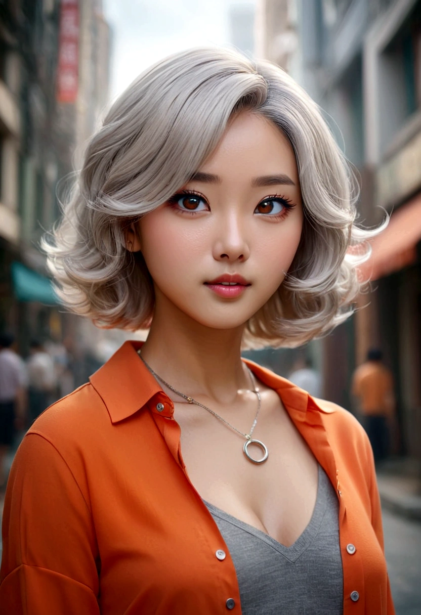 Curled bob cut, platinum hair woman in orange collared shirt posing to take photo in city, 8K artgerm Bokeh, well-proportioned body, beautiful korean woman, gorgeous necklace, beautiful young korean woman, soft portrait shot 8 K, korean girl, double and narrow eyes, beautiful gray eyes, Los Tran 8 K, Cute young woman, Korean woman, beautiful blonde girl