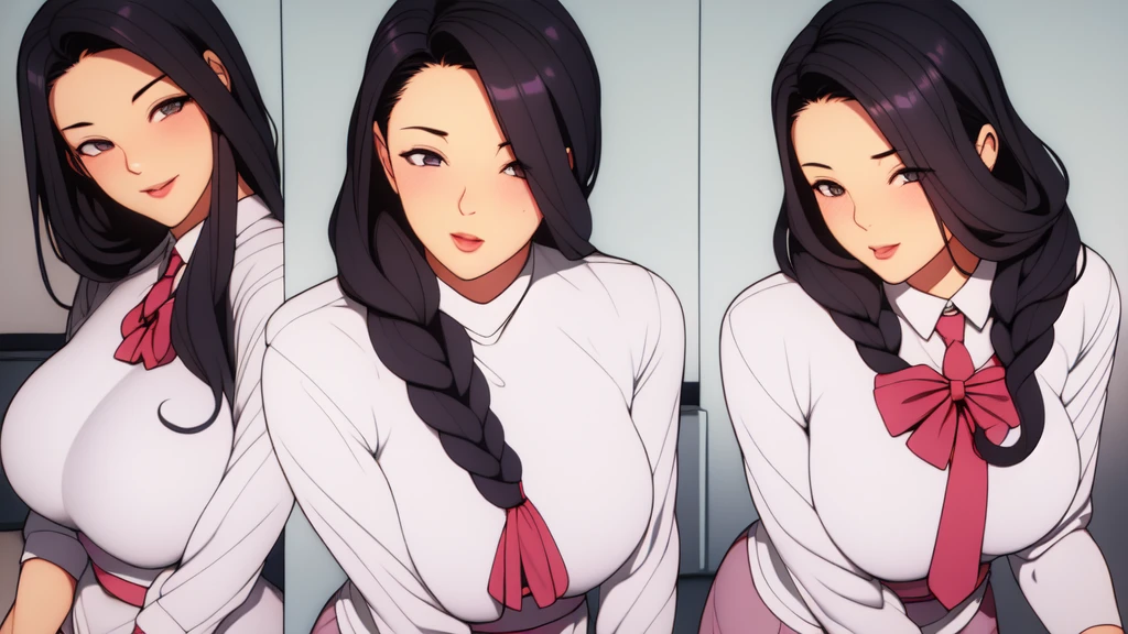 Simple white Background,
Dynamic posture, attention, full body,
School _ Uniform, red _ bow tie, white _ Shirt, pleats _ skirt, long sleeves,
Black _ hair, long _ hair, hair _ pull _ back, part _ lips, purple _ eyes, braid, minisskirts, black silk stockings, white high heels, butt showing pink vagina, open thighs, shy, blushing, inner monologue: Don't, don't, don't, breasts can't be milked,
A girl, 20 years old, young woman, beautiful long legs, beautiful body,
Beautiful Nose, beautiful character design, perfect eyes, perfect face,expressive eyes, perfect balance,
Looked at the audience, Focus on its ehrs face), shut up. (innocent _ the _ eyes: 1.3), (_ smile light: 0.7),
Official art, extremely detailed CG unity 8k wallpaper, perfect lighting, colorful, bright _ front _ face _ light ing, shiny skin,
(Beautiful, large _ breasts :1.5, bouncing up and down),(beautiful _ face :1.5),(narrow _ waist),