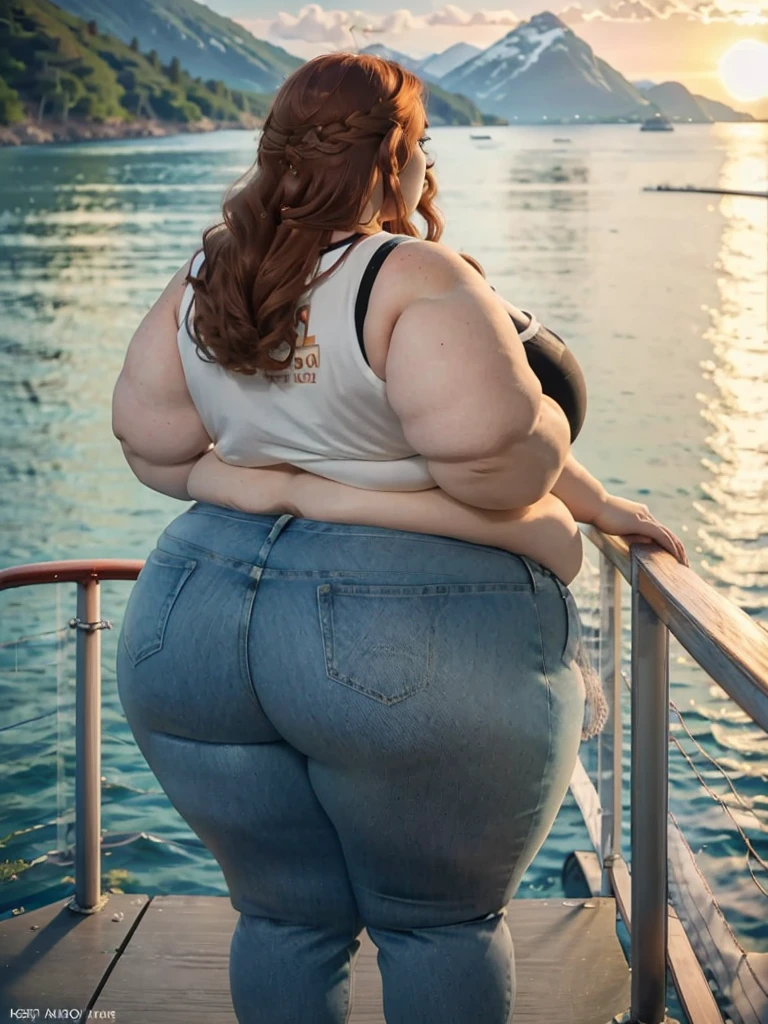 A backview photo of a Beautiful ginger SSBBW, with long wavy light Brownish-ginger hair, freckled body with big soft fat belly, thicc fat arms, very thicc wide legs, huge obese booty in tight short jeans, and cute loose blue top standing on a cruise, crusie side next to a cruise fence on a vacation, holding a glass of wine while looking to the water in a lake watching the sunset behind the hills