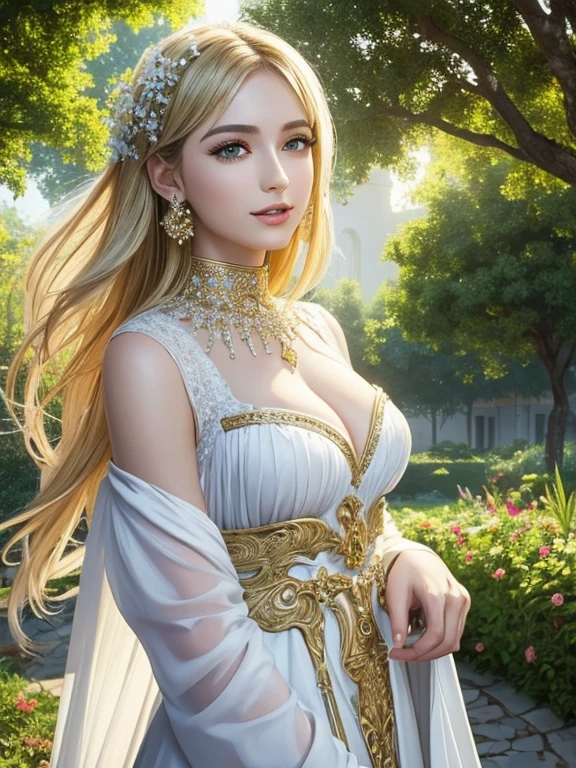 (Highest quality,Super detailed,High resolution,masterpiece,8K),Bright and vibrant colors,Official artwork,Greek white costume,Stylish makeup,Mid-length, shiny blonde hair fluttering in the wind,Captivating eyes,Glossy Lips,Beautiful woman with ample breasts,Beautiful neck line, Holding,Captivating smile,whole body,A solemn atmosphere,Old Temple,garden,,Detailed CG,