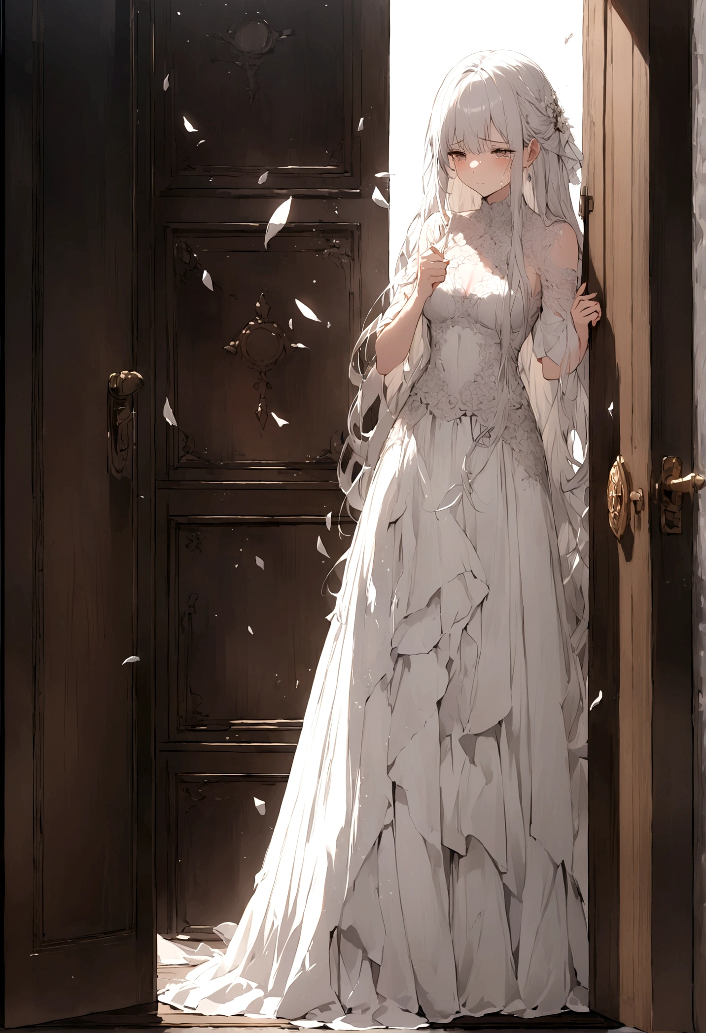 Bride, wedding dress, long dress, beautiful dress, victorian dress, dress with ribbons and bowes, high heels, blushing, teasing, blue eyes, white hair, sleeveless, stockings, earrings, neckless, ring, running, windy, long flowy hair, breasts, 1girl, Solo, High Resolution, masterpiece, lace, luxurious bedroom, bed, kneeling