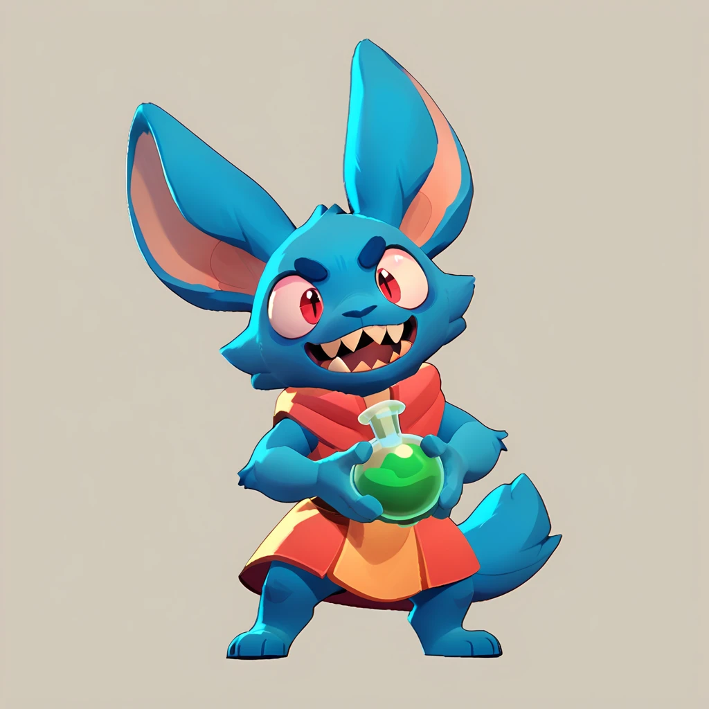 Full body view from a small spherical monster, male, with light turquoise blue fur, long ears, sharp teeth, who smiles, holding a green potion in his hand