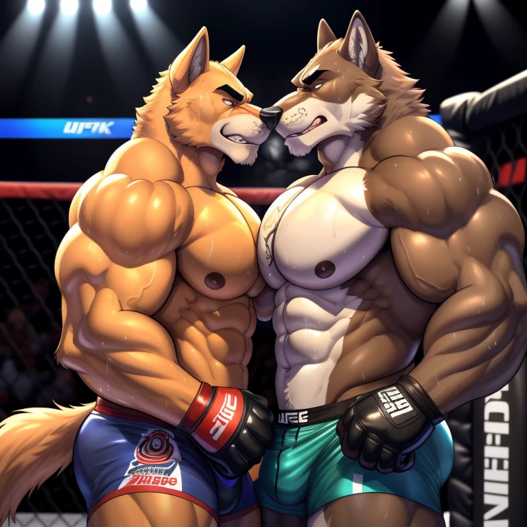 Duo male(Brown Wolf vs Brown Wolf, handsomes, Thick eyebrows), gay(cuddling body embraced, hot abs frottage, touching each other foreheads, face to face, on a UFC match), hot(Shirtless), handsomes(They are handsomes, correct anatomy), musculosos(Big muscle bodies, Six packs, muscle abs, big pecs, muscle backs, muscle legs), sweaty(very sweaty wet bodies, shiny sweat), tatuajes(they have tattoos), Grumpy(Both have an grumpy expression, growling, grumpy teeths, steaming breath), UFC gloves(They both are wearing red UFC gloves), UFC boxers(They both are wearing boxers), Hight resolution, by(Zourik:1.1)