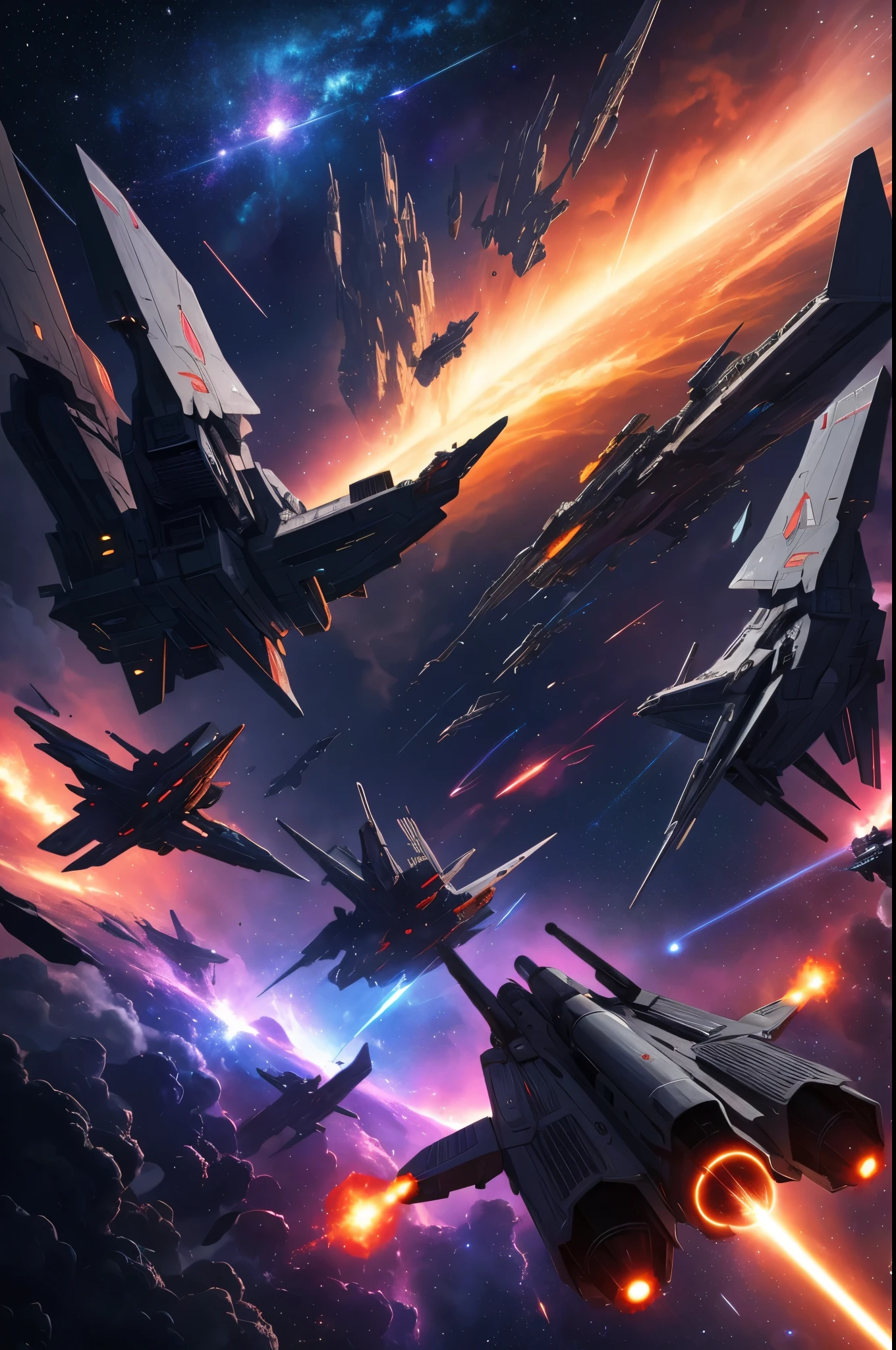 A dynamic illustration of a space battle royale between numerous futuristic spaceships. The ships are of various shapes, sizes, and designs, each with their unique weaponry, such as laser cannons and missile launchers. The background is the vast, star-filled cosmos, with a breathtaking nebula in the distance. The scene is intense, with debris and smoke from the explosions filling the space, and the remnants of destroyed ships floating in the void.