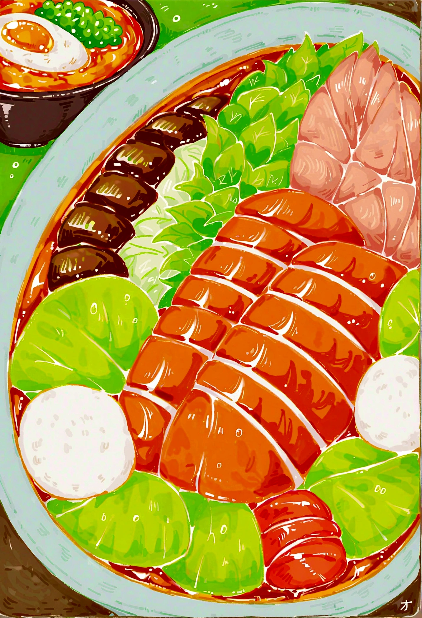 A bowl of wasabi sauce：There are small wooden stools and sushi on top：There is a dish of green hot sauce next to it.，There is an appetizer introduction below with appetizers，Detoxification introduction with pictures，There are beauty introductions and beauty pictures，Light green pattern background，Overall fresh and appetizing，8 Gigabit--s50 . The overall presentation is simple and exquisite, no people or background elements, Focus only on Wasabi