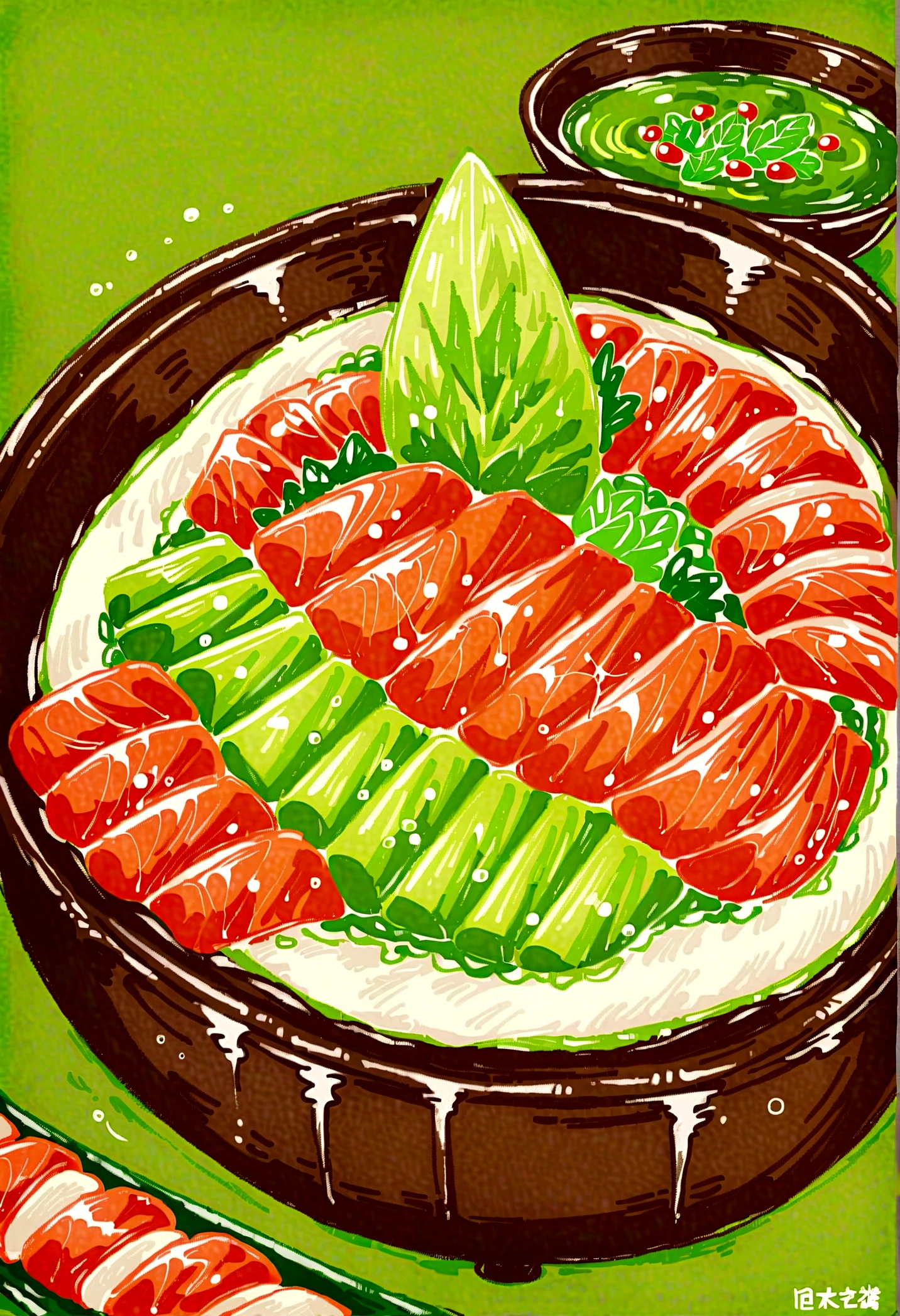 A bowl of wasabi sauce：There are small wooden stools and sushi on top：There is a dish of green hot sauce next to it.，There is an appetizer introduction below with appetizers，Detoxification introduction with pictures，There are beauty introductions and beauty pictures，Light green pattern background，Overall fresh and appetizing，8 Gigabit--s50 . The overall presentation is simple and exquisite, no people or background elements, Focus only on Wasabi