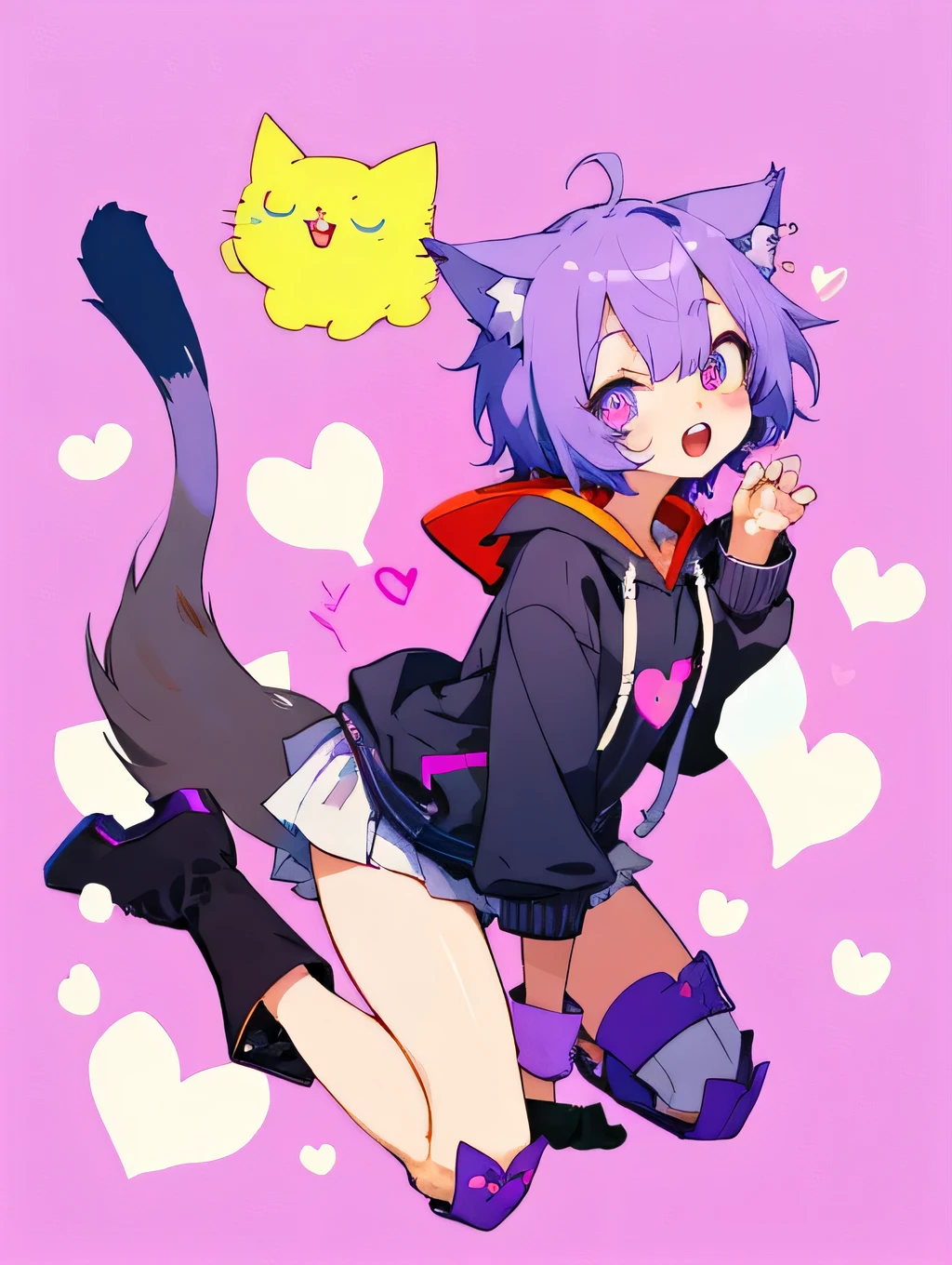 Illustration style cuteness,shota,Wolf,Eyes are hearts,purple,Cute face,Open your mouth,Cat Pose,Double teeth,hoodie, knee high socks,boots,Platform heels