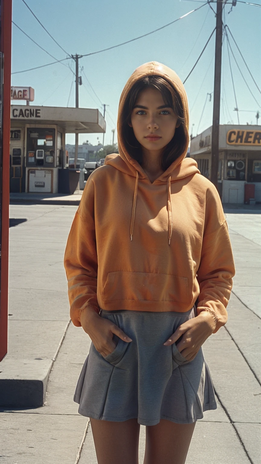 ultra detail, 8k portrait ((long shot full body photography)) ((best quality)), ((masterpiece)), (detailed), perfect beautiful face ,25 yo beautiful women ((orange color oversized_hoodie_e)) ((hoodie:1.5)), wear ((purple tennis skirt)), ((perfect natural breast)) perfect face, perfectly eyes, perfect lips, black bob hairstyles ,found footage, retro, 90's, old photo, photo noise, masterpiece, raw photo, film photo, in front of the camera, casual photo, grain photo, in front of the camera, VHS footage, VHS look, chromatic aberration, film footage, grainy photo, dirty photo, posing, light leak,dark intens shadow, old, 90's, ((background at old 80's gas station California)),(palm trees), blue sky, summer, los angles vibes, film by ((Wes Anderson style effect color)), 800mm lens,style of Philip Lorca diCorcia