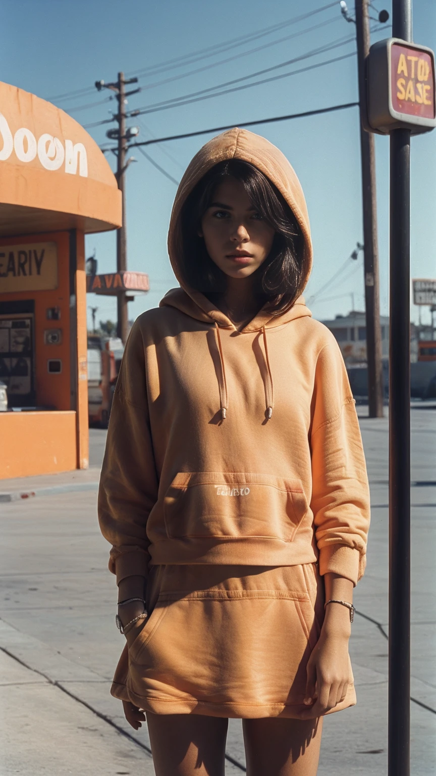 ultra detail, 8k portrait ((long shot full body photography)) ((best quality)), ((masterpiece)), (detailed), perfect beautiful face ,25 yo beautiful women ((orange color oversized_hoodie_e)) ((hoodie:1.5)), wear ((purple tennis skirt)), ((perfect natural breast)) perfect face, perfectly eyes, perfect lips, black bob hairstyles ,found footage, retro, 90's, old photo, photo noise, masterpiece, raw photo, film photo, in front of the camera, casual photo, grain photo, in front of the camera, VHS footage, VHS look, chromatic aberration, film footage, grainy photo, dirty photo, posing, light leak,dark intens shadow, old, 90's, ((background at old 80's gas station California)),(palm trees), blue sky, summer, los angles vibes, film by ((Wes Anderson style effect color)), 800mm lens,style of Philip Lorca diCorcia