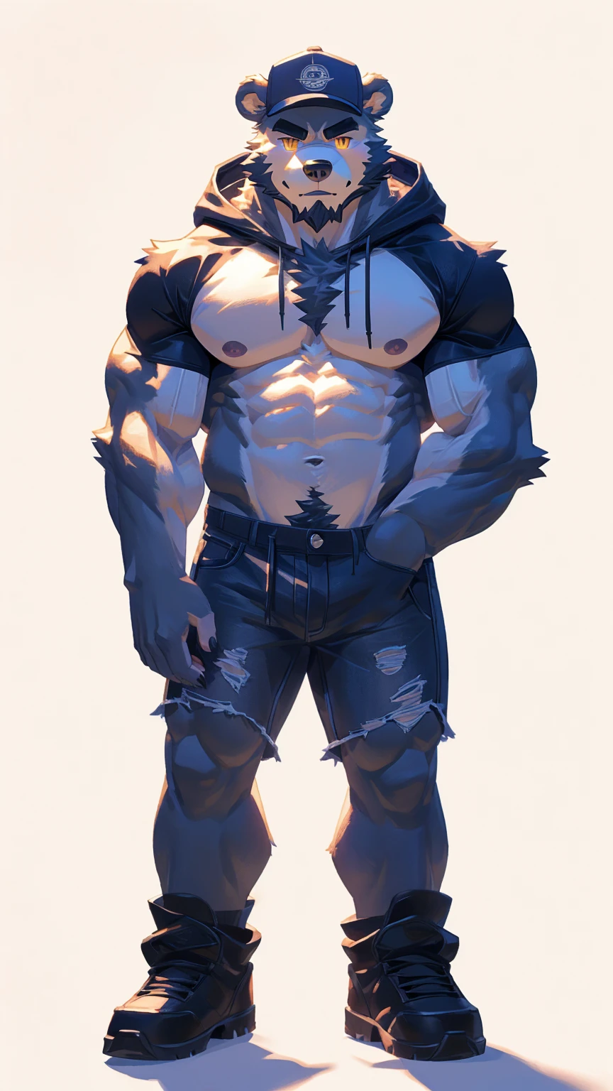 (masterpiece:1.2), best quality,pixiv,official art,perfect anatomy, (Ray tracing, light),solo, (1_male:1.3) , (muscle), (grey fur:1.4), (muscle bear), (beard:1.2), (gleaming golden eyes), bear tail, full body, Thick black eyebrows, baseball cap, (open short hoodie), (naked inside),Ripped short jeans, black short boots, (pure white background: 1.3), (front view:1.3)