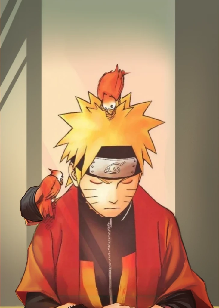 Naruto Uzumaki during his training for Hermit Mode. He is in a Buddhist posture. He wears a red cape with black details., open in front to reveal a black shirt underneath. Two toads are on his shoulders, suggesting it could be Naruto during his training for Hermit Mode. a closeup of a person with a bird on his head, naruto art style, Naruto Uzumaki, Naruto Uzumaki costume sage mode is a funny charismatic character he wears an original costume and a red cape he is meditating with his hands bumping two fists and raw legs sitting he is wearing black sandals Nine tails, Ryuu, cheered up style”, itachi uchiha, cheered up!!!!, arte the fan, cheered up!!! Naruto Uzumaki expands original clothing and background