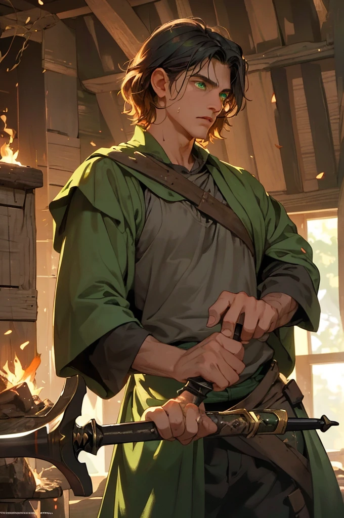 (masterpiece, highest quality), 1 guy a man is inside a old barn in the middle of the forest the man is blacksmithing a seed the man has light orange skin long black piney tailed hair and green eyes the man is focused at hammering the sword has he in inside the barn the man is sweating a little and the heat and lighting of the warm fire is seen on his face the lighting is hard yet soft and the man’s green eyes has a intense yet gentle look as he is hammering the sword,