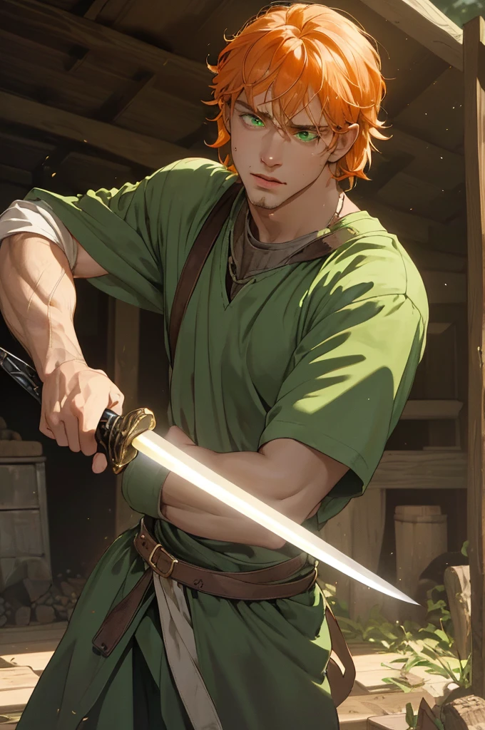 (masterpiece, highest quality), 1 guy a man is inside a old barn in the middle of the forest the man is blacksmithing a seed the man has light orange skin long black piney tailed hair and green eyes the man is focused at hammering the sword has he in inside the barn the man is sweating a little and the heat and lighting of the warm fire is seen on his face the lighting is hard yet soft and the man’s green eyes has a intense yet gentle look as he is hammering the sword,